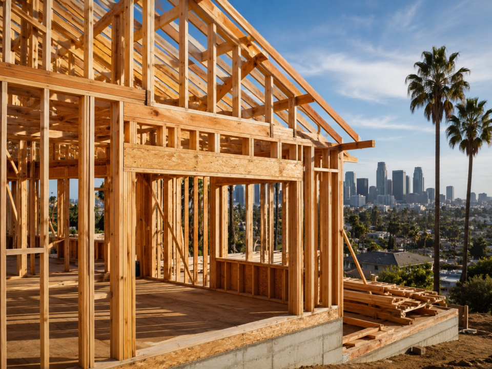 Wood-framed house under construction with exposed timber structure in Los Angeles.